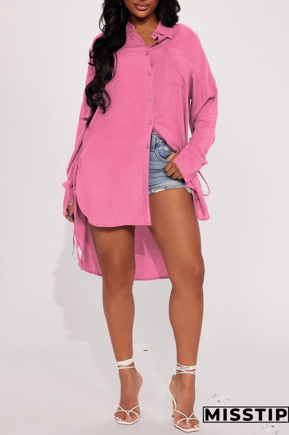 Pink Casual Solid Patchwork Shirt Collar Tops