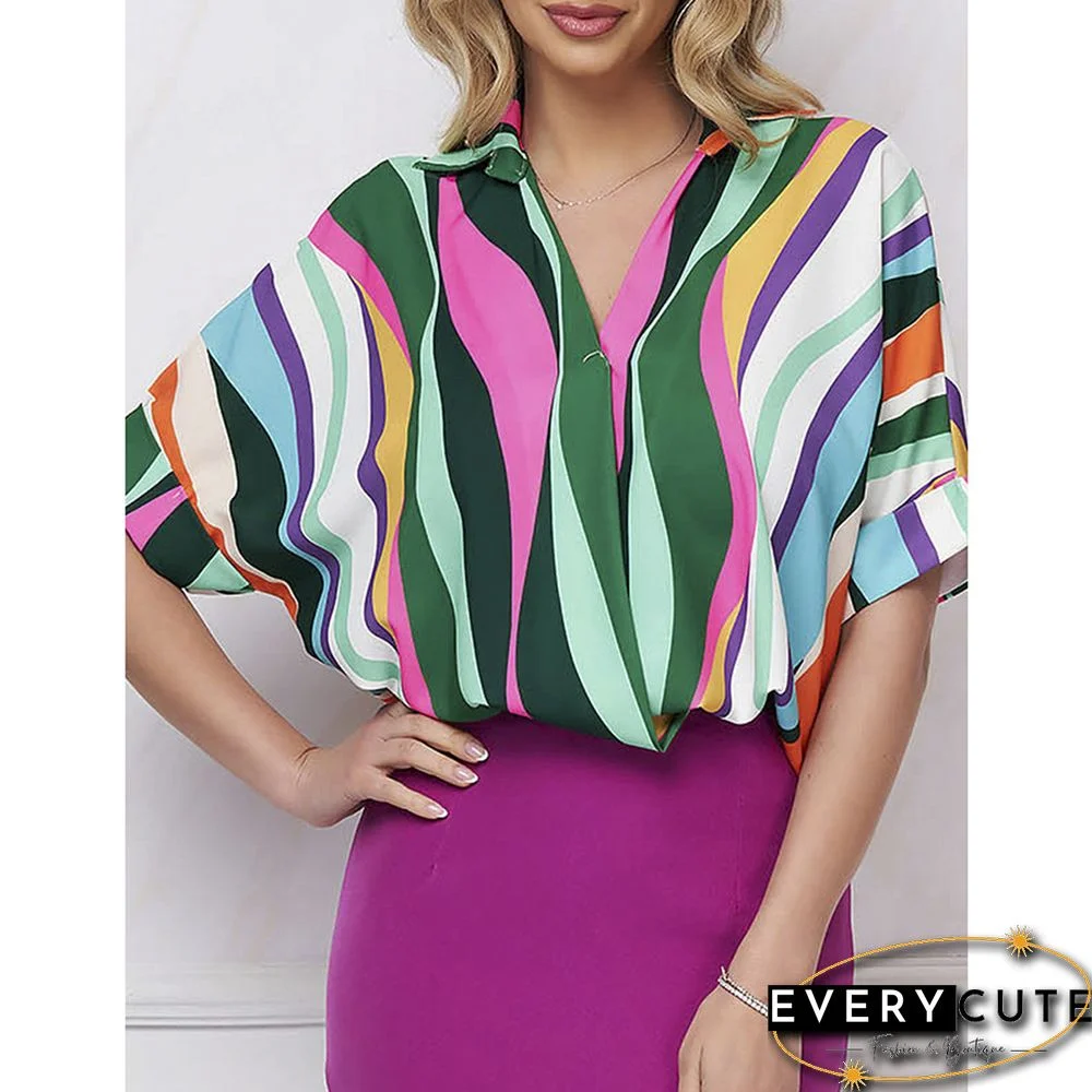 Green Striped Print Pullover Short Sleeve Shirt