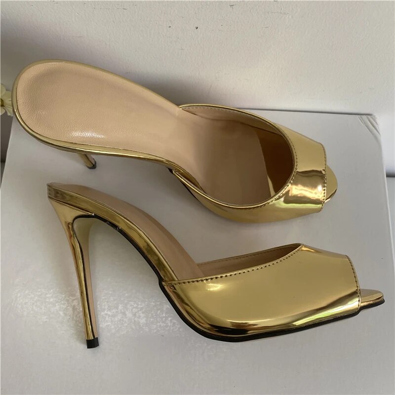 VCSHOES Concise Patent Leather Peep Toe Mules Lady 10cm Stiletto Heel Slingbacks Sandals For Girls Women