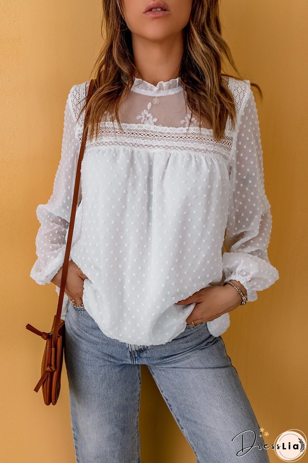 Swiss Dot Frill Neck Embroidered Keyhole Blouse