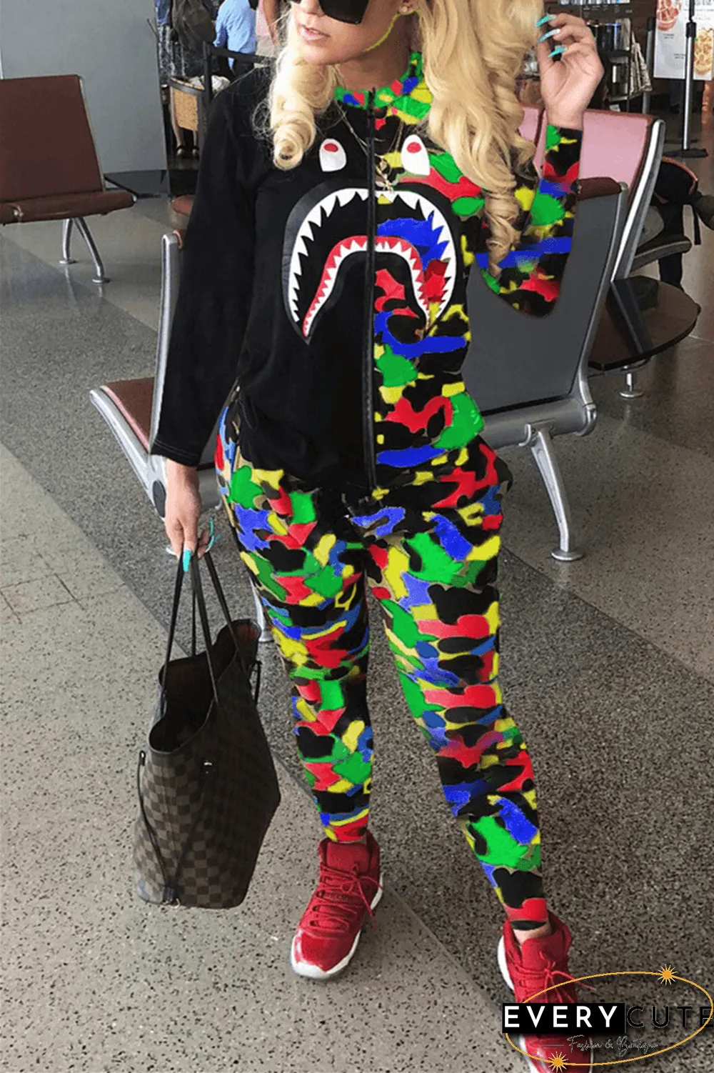 Fashion Zipper Cartoon Print Camouflage Two Pieces