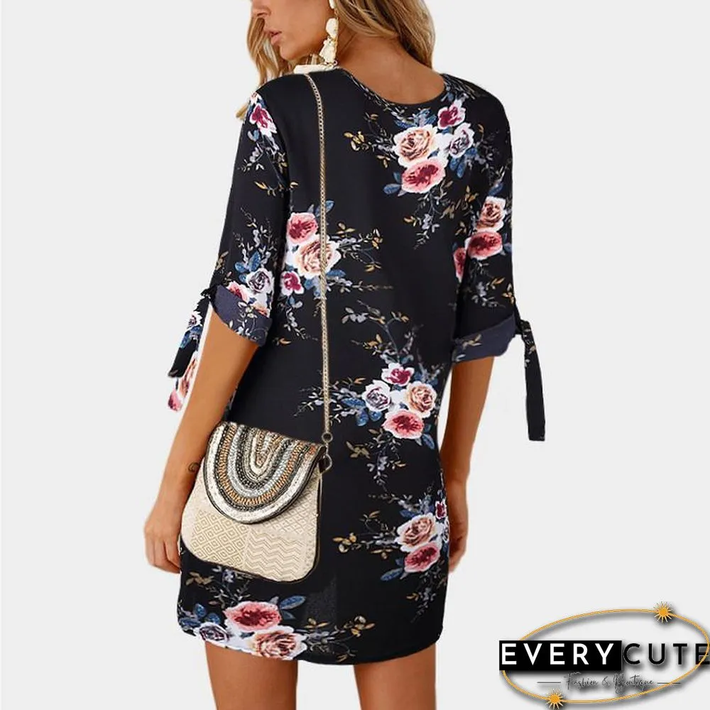 Women Chiffon Floral Print Mini Dress Boho Beach Half Sleeve Elegant Dress Black Dresses