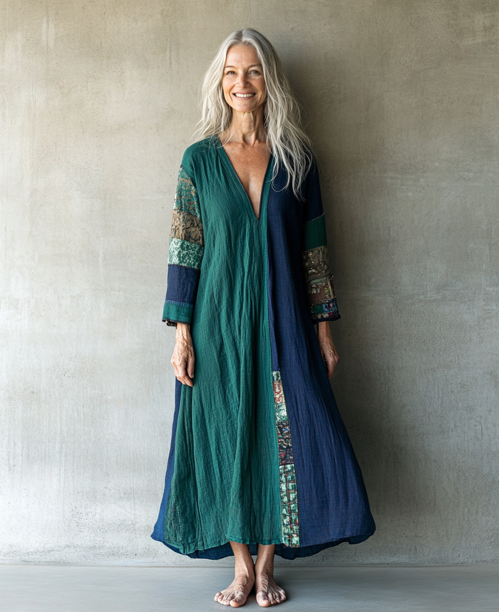 Vintage loose color contrast green color linen dress  6cb0