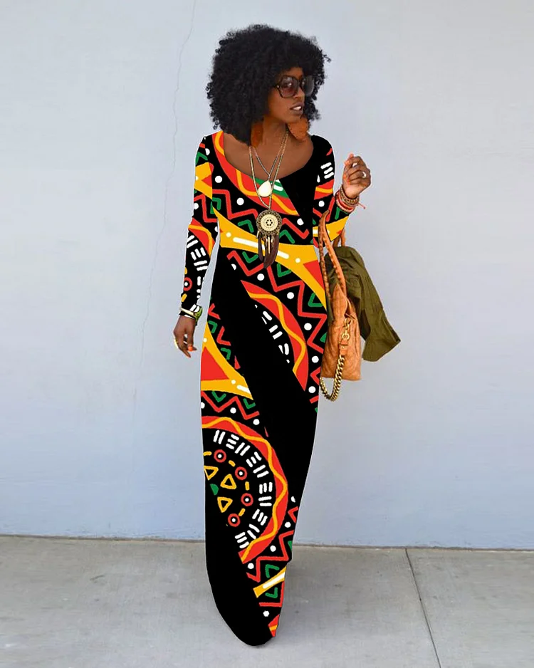 Black History Month Retro Prints Crew Neck Long Sleeve Dress