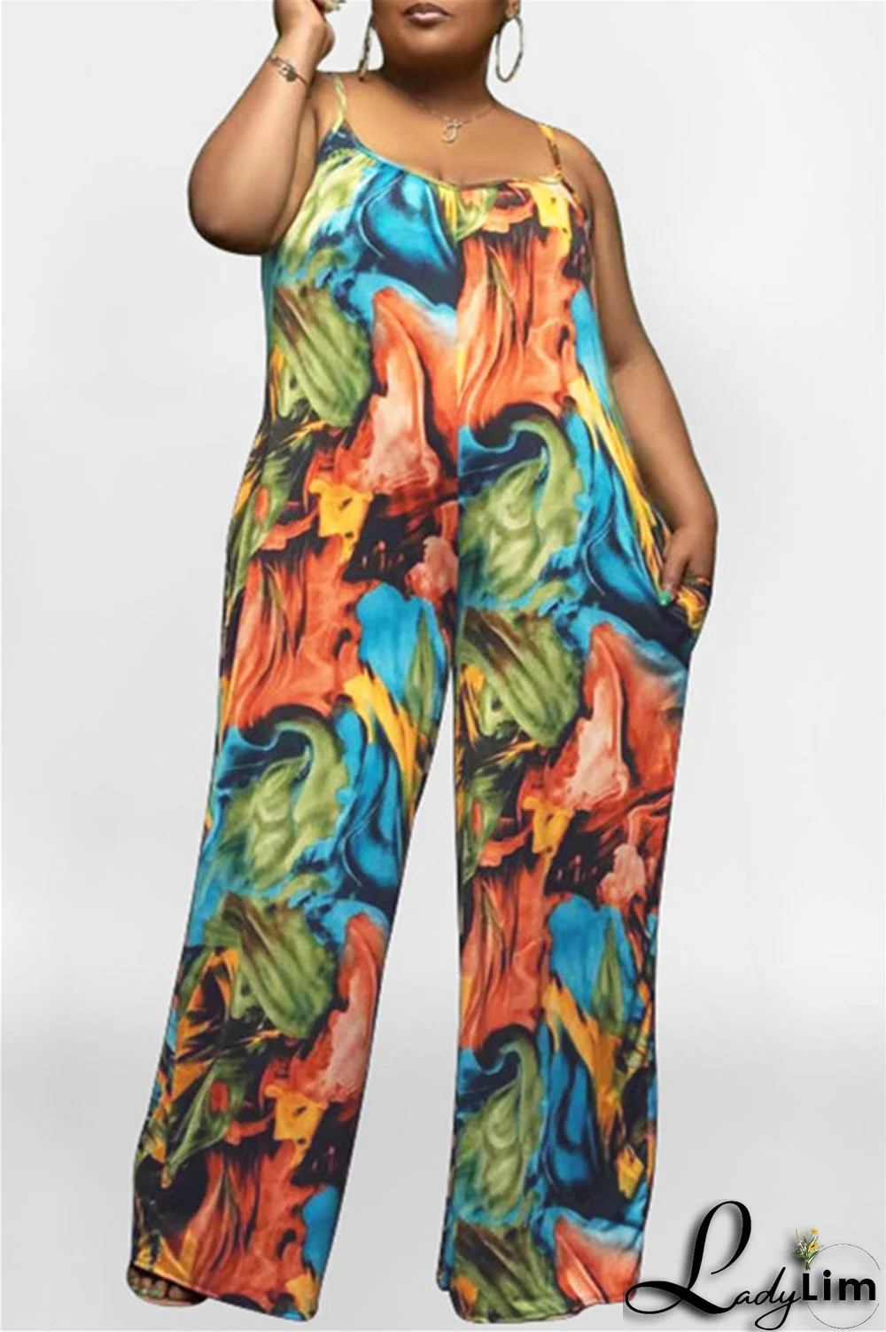 Coffee Sexy Casual Print Backless Spaghetti Strap Plus Size Jumpsuits