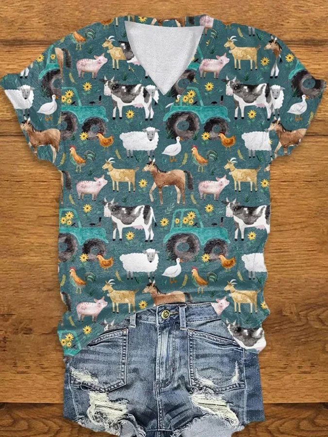 Women's Western Vintage Farm Animal Print V-Neck Short Sleeve T-Shirt