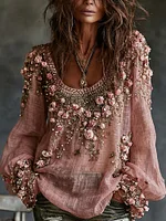 Women's Romantic Floral Embroidered Art Print Flowy Linen Blend Casual Tops