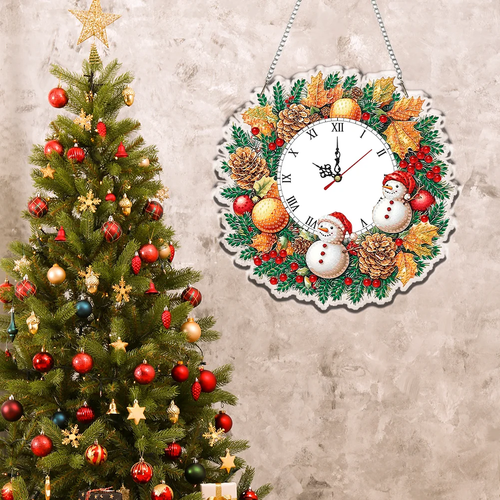 2D Flat DIY Fall Snowman Acrylic Diamond Painting Clock Pendant Home Decor