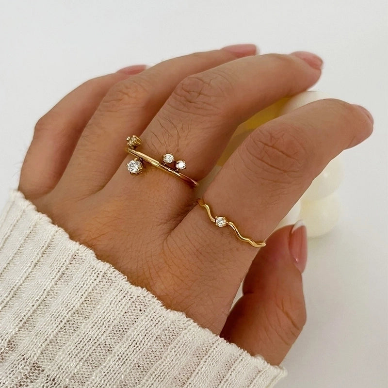 Commute Korean Style Geometric 316L Stainless Steel  Zircon 18K Gold Plated Irregular Inlay Rings
