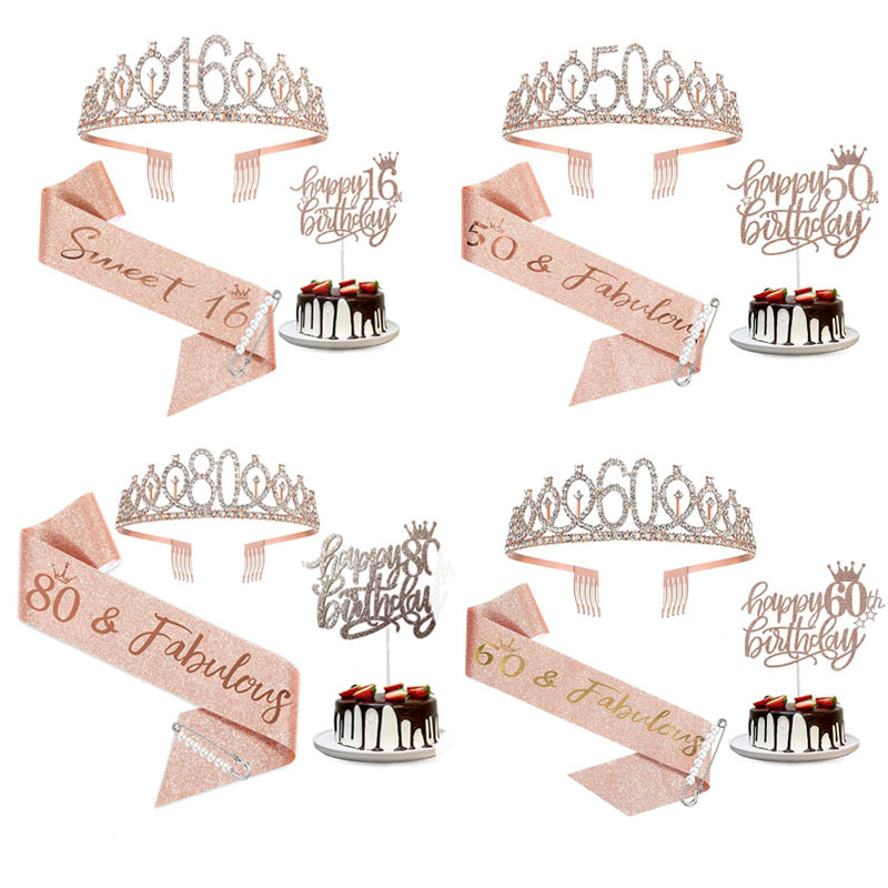 Luxury Birthday Crown & Sash Set - Elegant 40th & 50th Pearl Pin Gift Pack