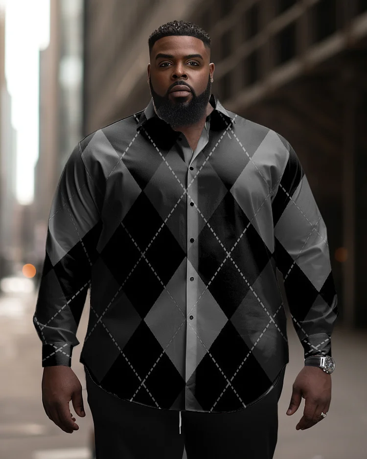 Men's Plus Size Casual Black Diamond Long Sleeve Lapel Long Sleeve Shirt