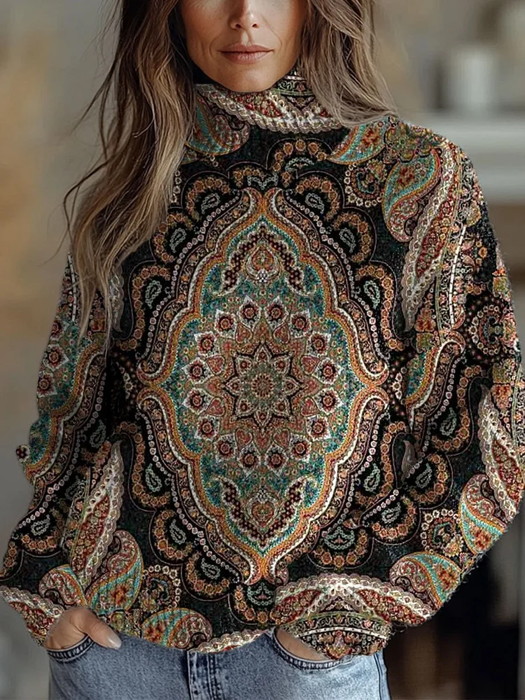 Vintage Floral Art Print Knit Turtleneck Pullover Sweater