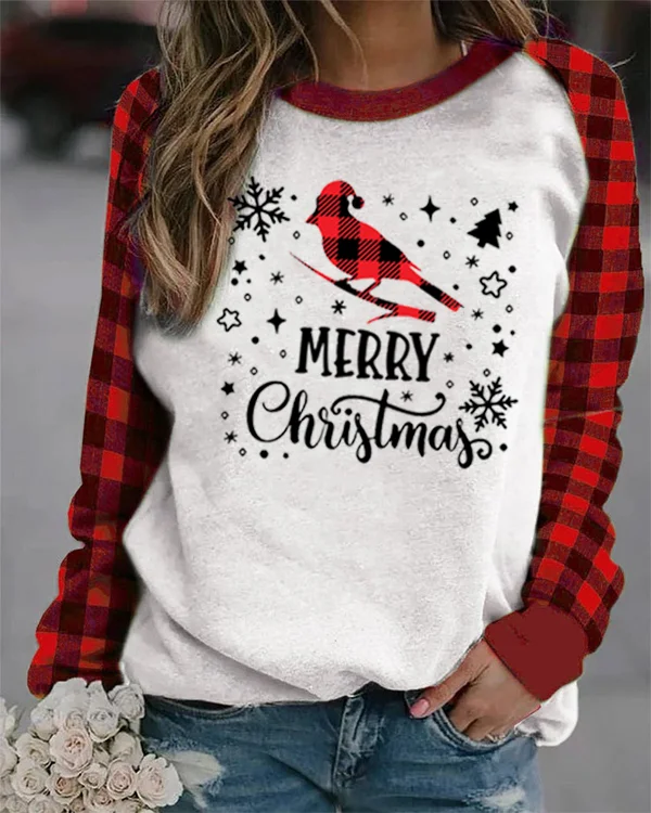 Merry Christmas Cardinal Print Long Sleeve Sweatshirt