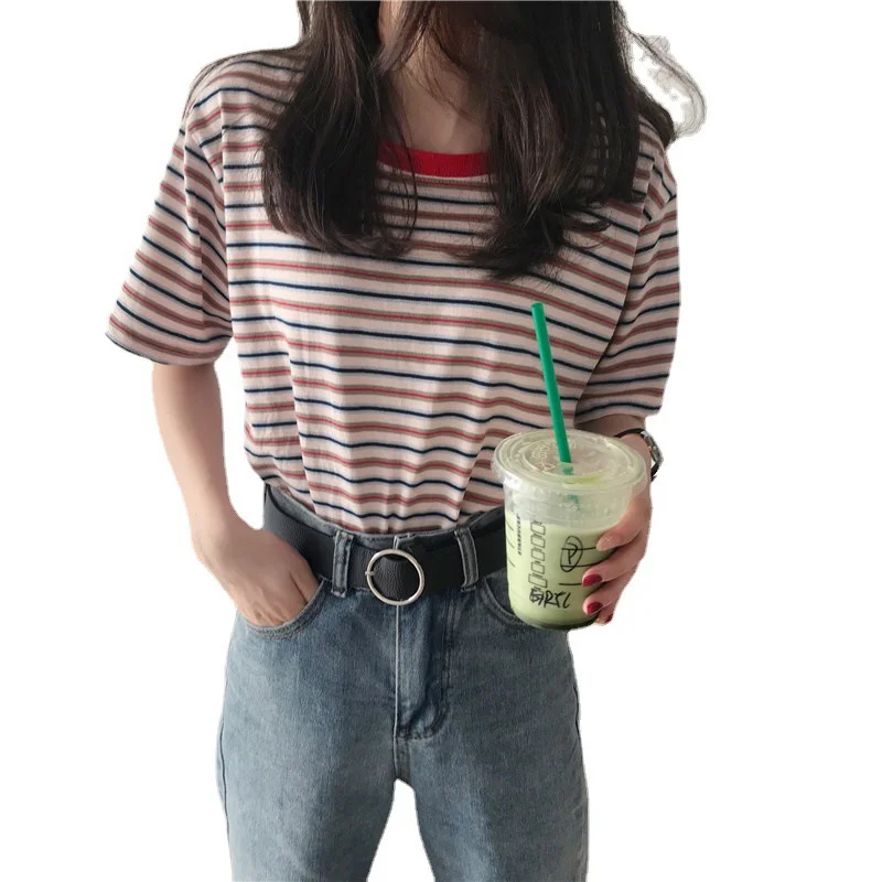 Uveng Uveng 2024 New Striped Short-Sleeved T-Shirt Korean Version Bottom Shirt Women's Student Top Women's Clothing