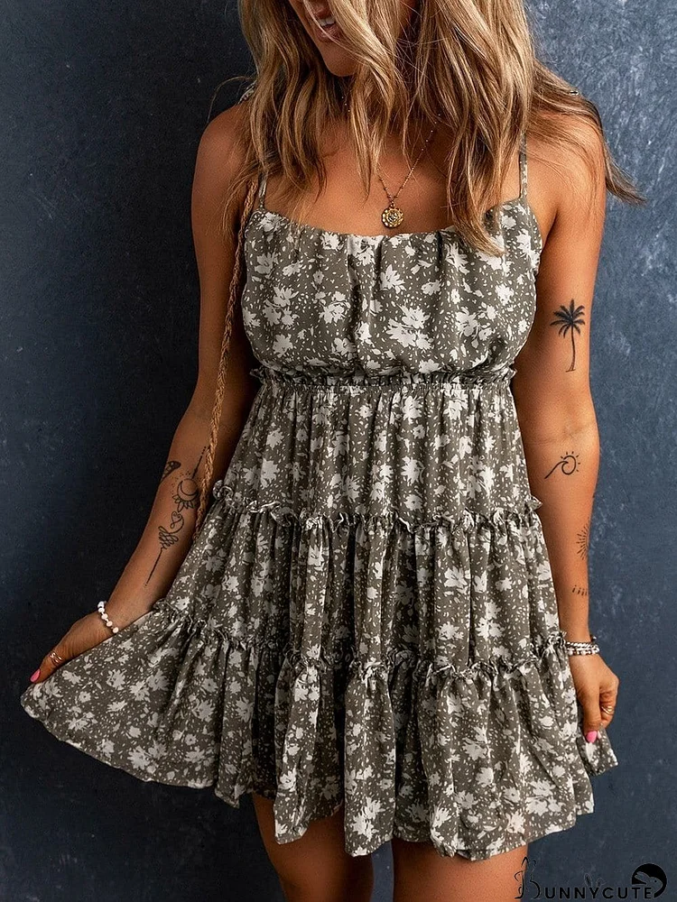 Mint Green Floral Print Tiered Sundress with Tie Straps