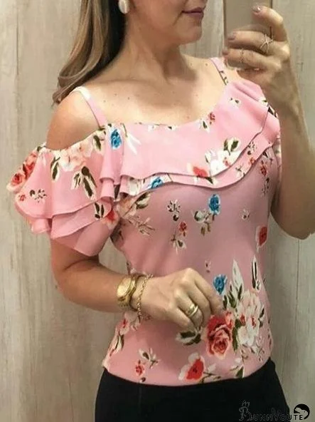 Off Shoulder Strap Print T-shirt