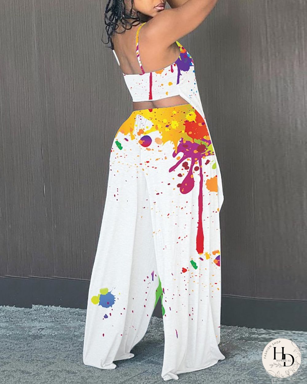 Ink Splash Sling Backless Blouse With Pants Suit Sets