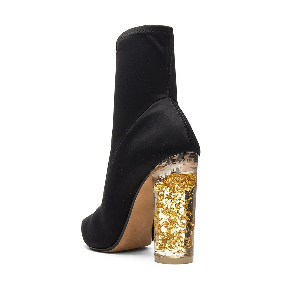 Black Fabric Pointed Toe Chunky Heel Slip On Ankle Boots for Women