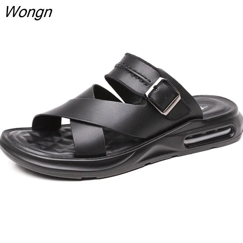 Wongn Genuine Leather Summer Shoes Men Sandals Flat Non-slip Soft Leather Mens Beach Sandals Holiday Shoes Black Brown A4613