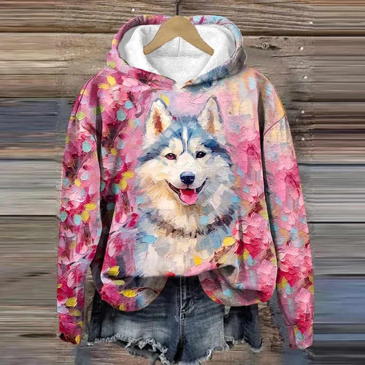 Comstylish Women's Oil Painting Dog Print Pet Lovers Casual Hoodie