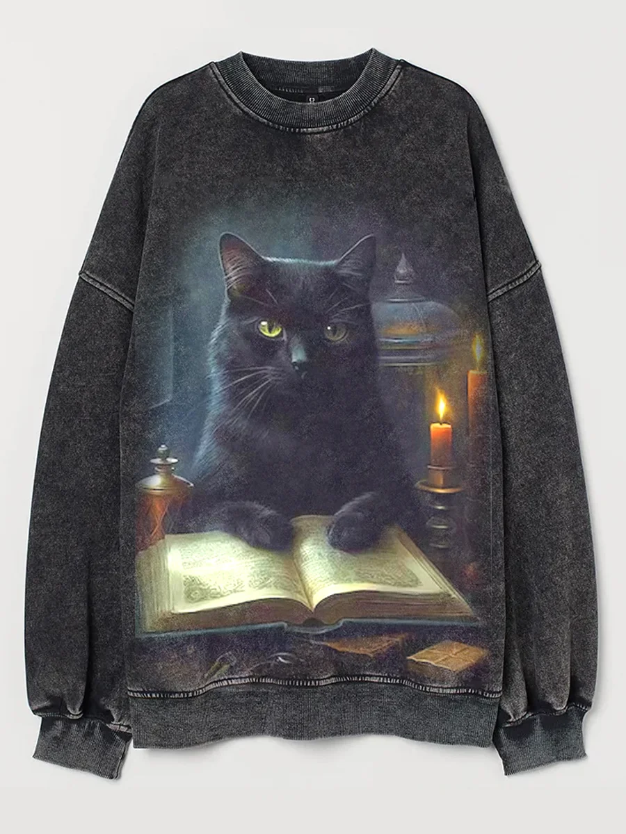 Women's Halloween Retro Black Cat Casual  Sweatshirt