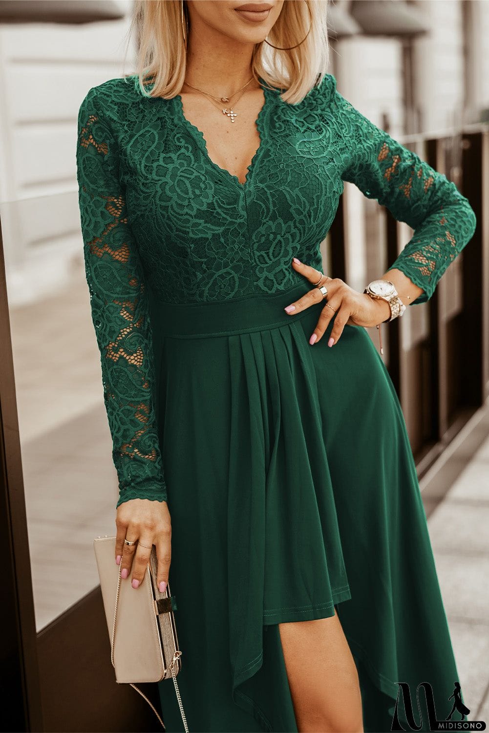 MidiSono - Green Long Sleeve Lace Evening Dress
