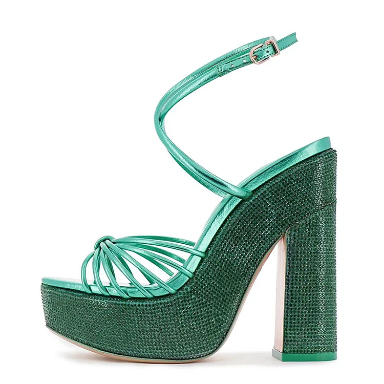 Green Rhinestone Peep Toe Chunky Heel Platform Sandals Vdcoo