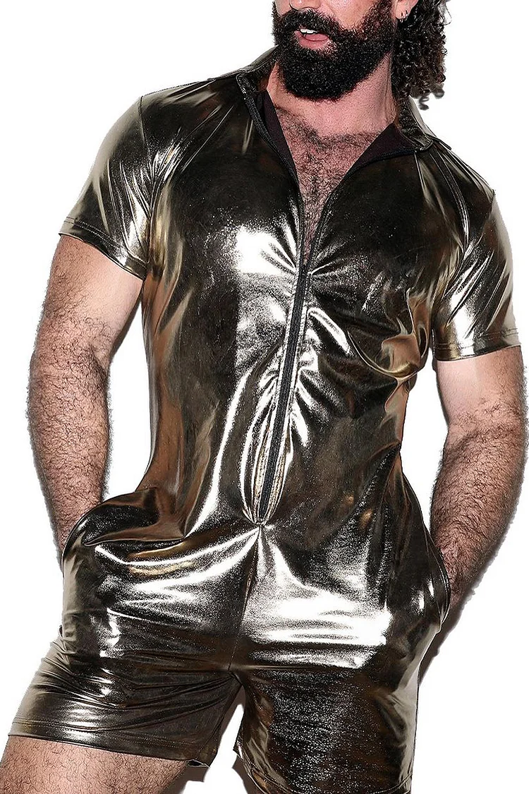 Metallic Zipper Turndown Collar Romper With Pocket [Pre-Order]