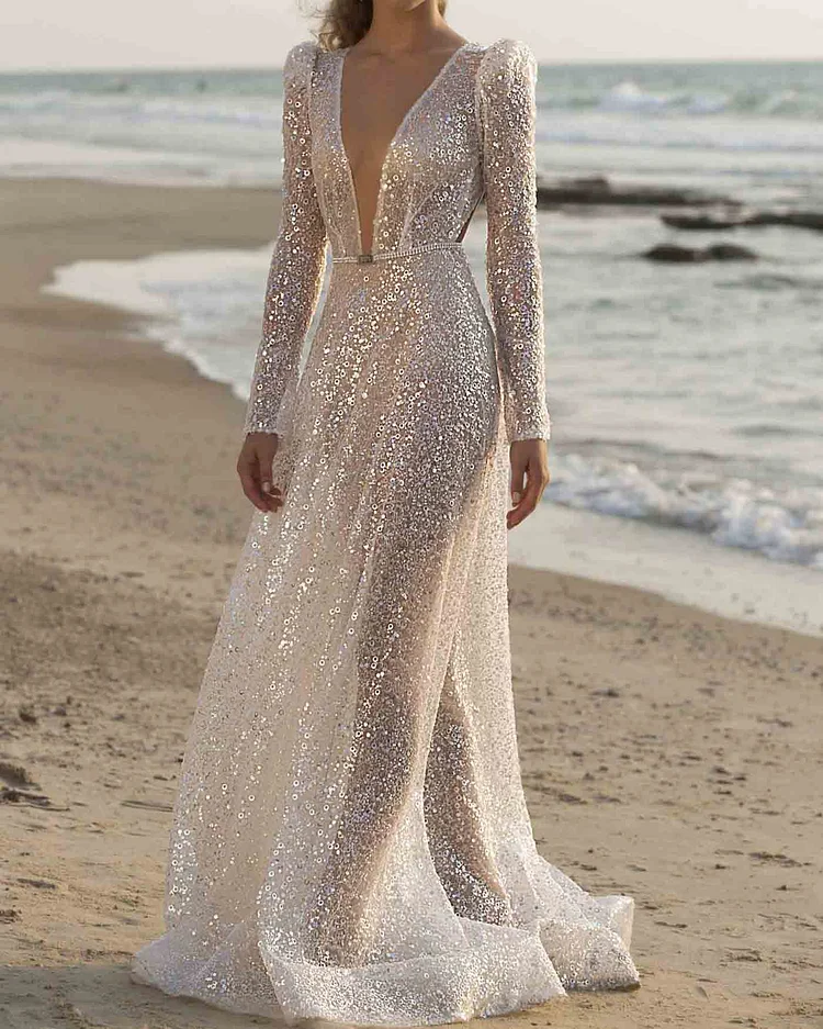 V-neck wedding evening dress