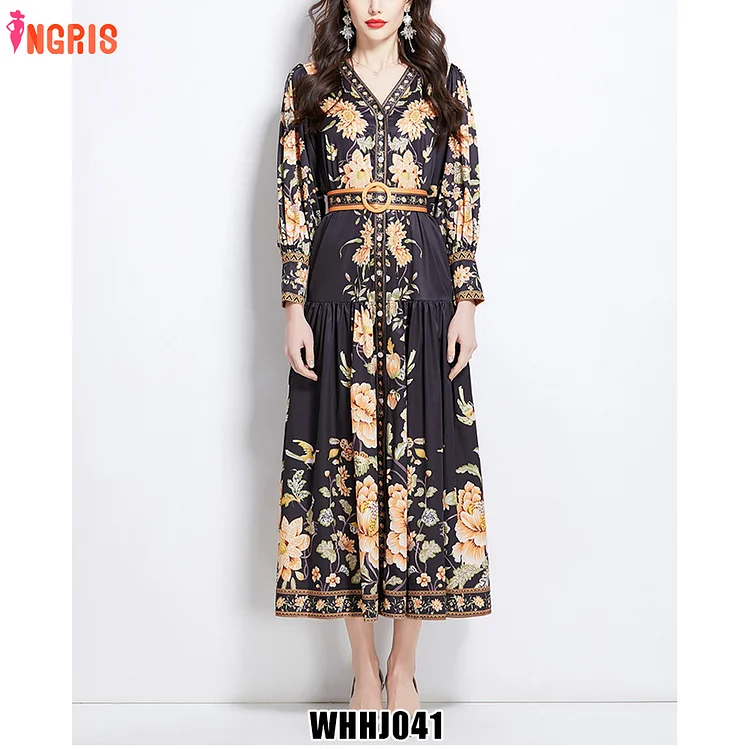 Floral Printing Vintage National Style Stand-up Collar Single Breasted Lantern Sleeves Women's Sweet Pleated Fairy Dress-WHHJ041