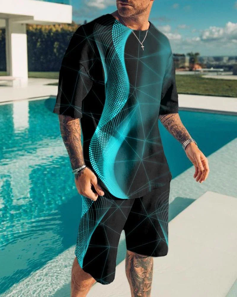 Textured Fashion Men's 3D Geometric Print Shorts Suit