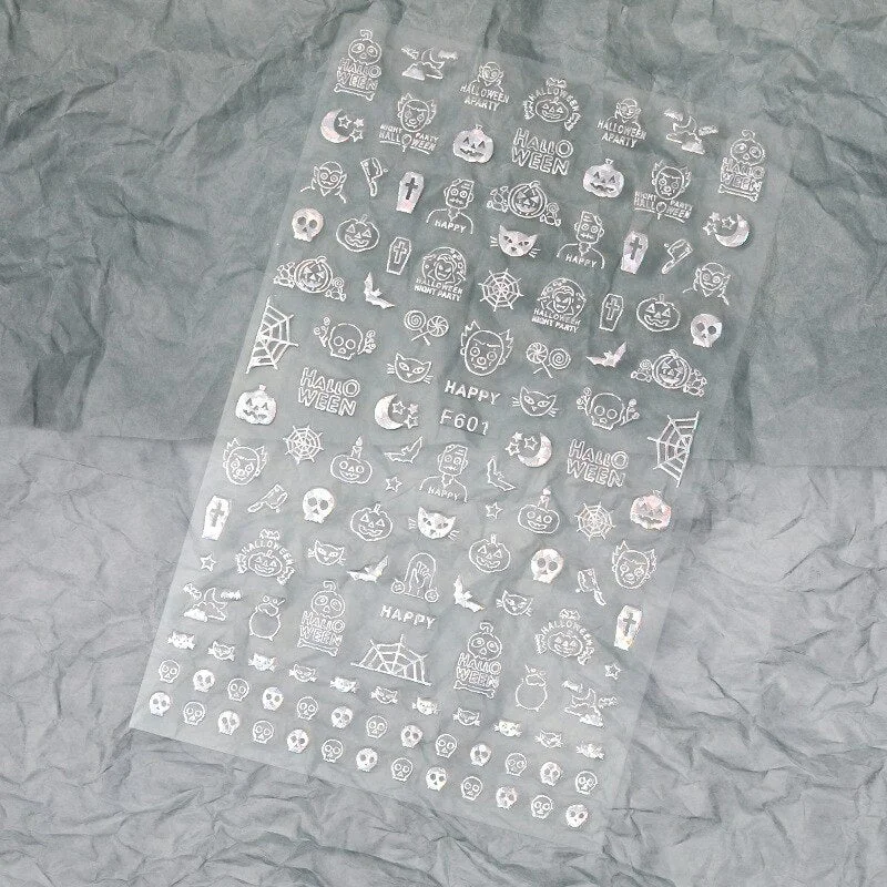 Halloween Nail Art Stickers Laser Black and White Skull Bat Spider Web Pumpkin Sticker Designer 3D Manicure Art Decals 9*16CM