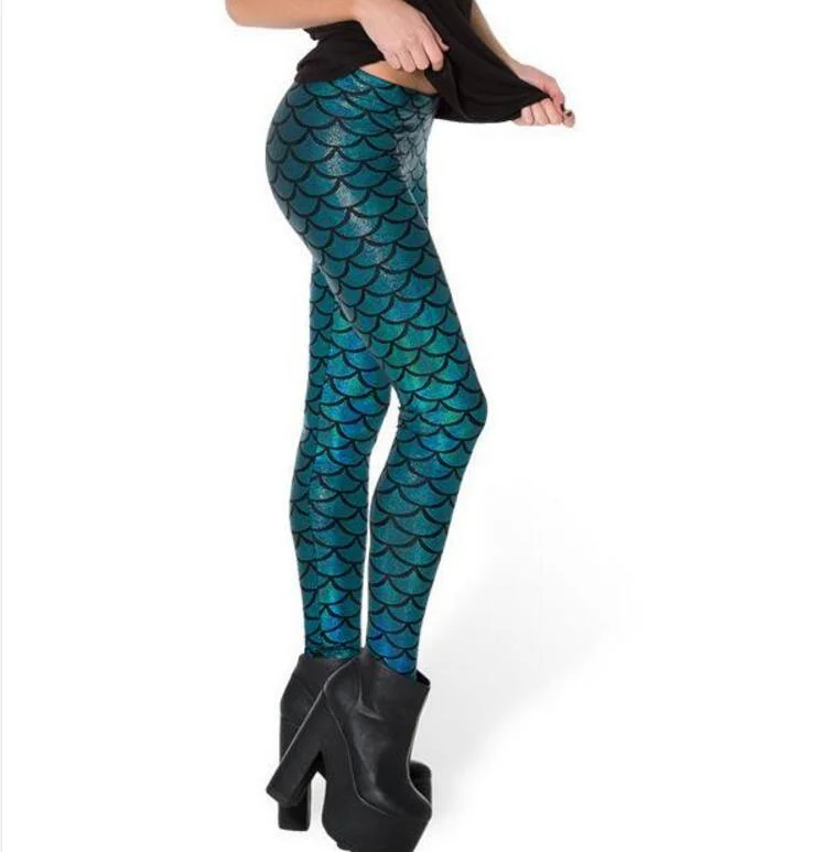 CUHAKCI Women Fish Scale Print Mermaid Leggings Push Up Stretch Shiny Pants Casual Trousers