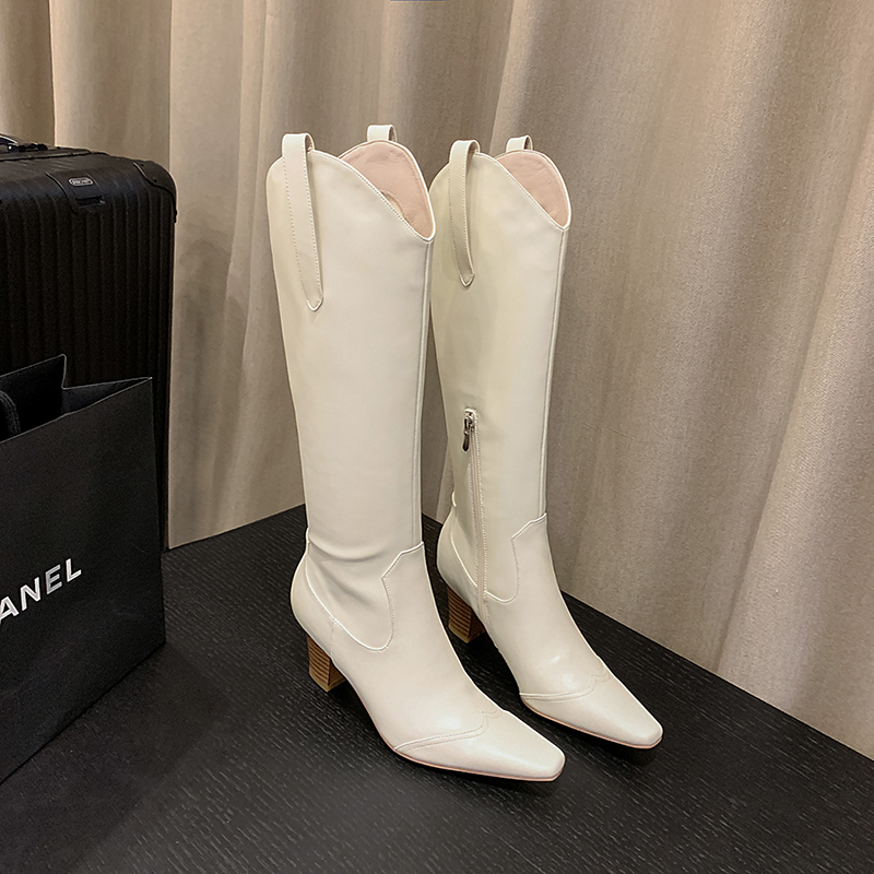 50mm Women Side Zip Block Heel Square Toe Western Boots-vocosishoes