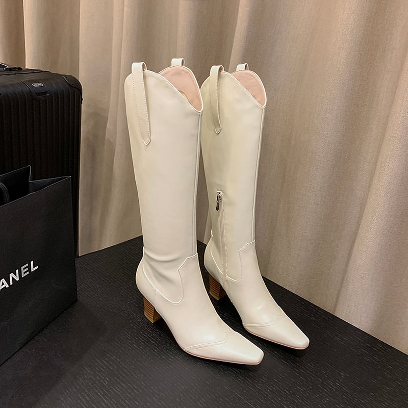50mm Women Side Zip Block Heel Square Toe Western Boots-vocosishoes