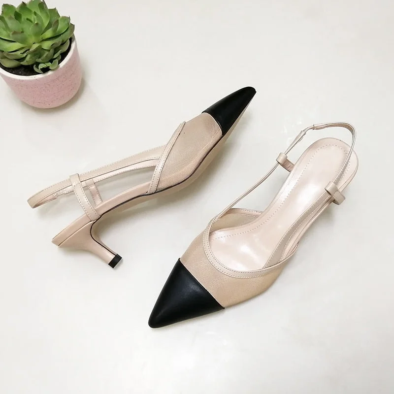 Meotina Women Natural Genuine Leather Shoes Slingbacks High Heels Pointed Toe Cutout Sandals Shoes Ladies Beige Large Size 42 43