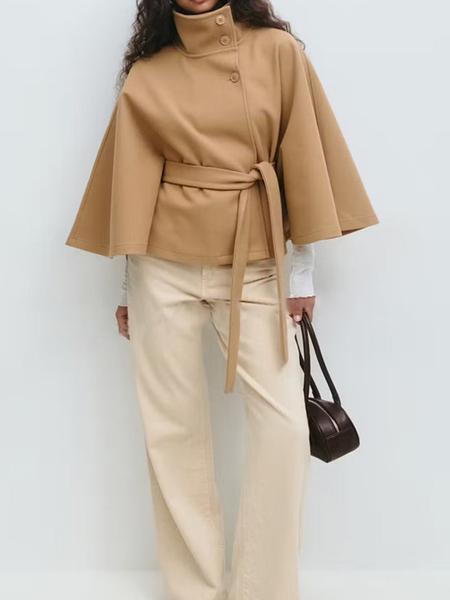 Women's Plain Front Buckle Belted Woolen Cape Coat, Casual Fall & Winter Outerwear, Stylish Daily Wear for Dating, Jackets