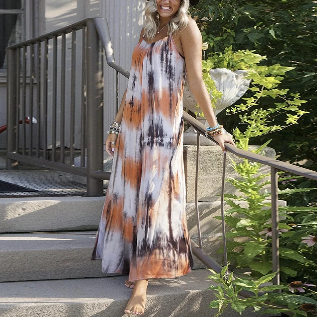 Brownm Quality Loose Tie-dye Print Long Dresses