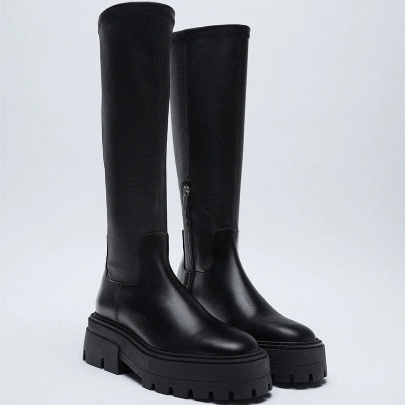 High Boots Women Zipper Leather Shoes 2021 Autumn Thick Bottom Platform Ladies Knee High Boots Elegant Fashion Female Footwear