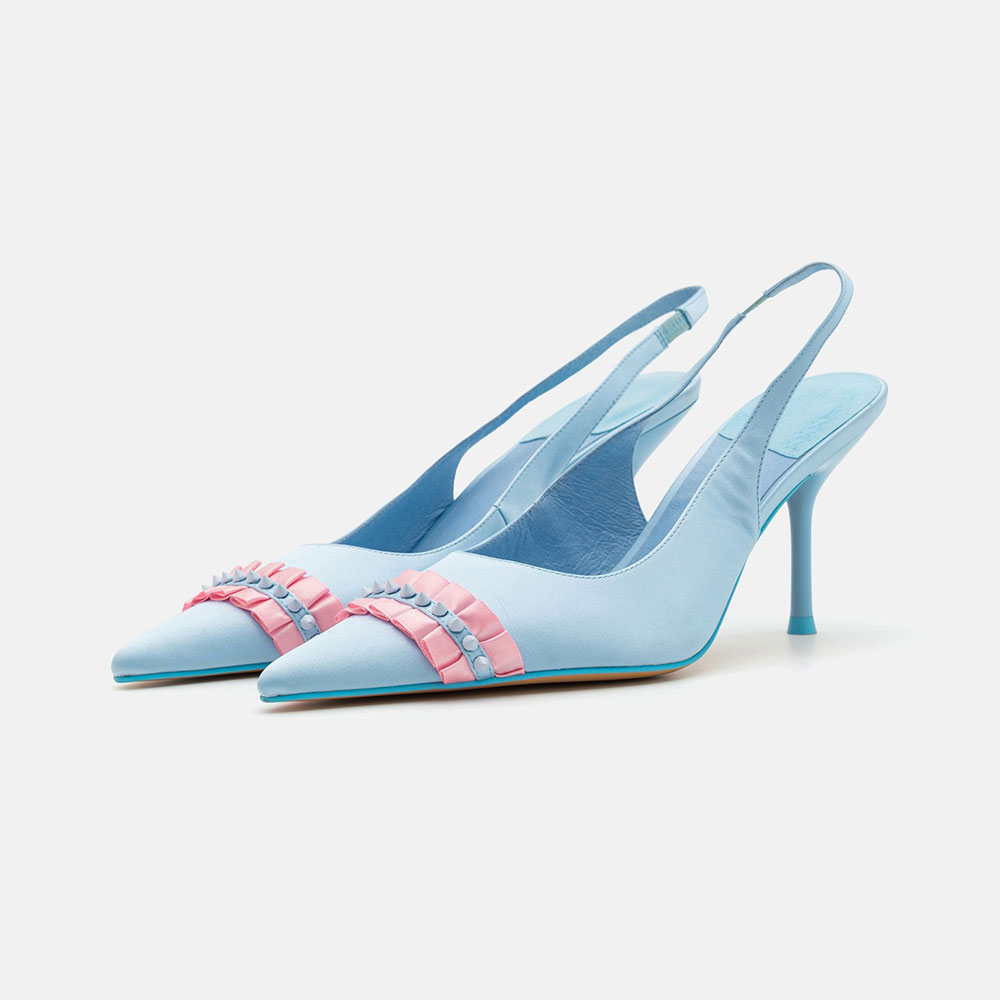 Light Blue Satin Pointed Toe Rivet Ruffle Decor Slingback Heels