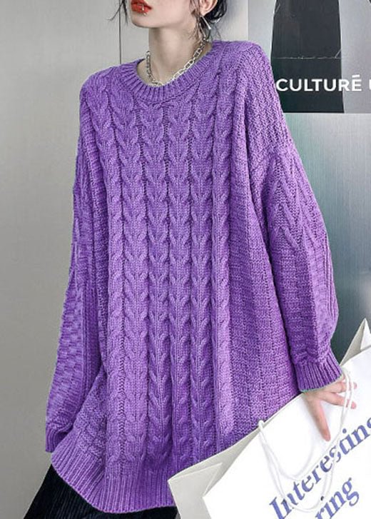 Casual Purple O-Neck cable knit sweaters Loose Fall Sweater CK819- Fabulory