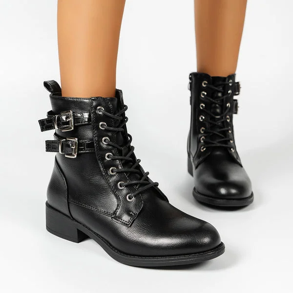 Women's Black Low Heels Combat Boots With Buckle Strap Short Biker Boots Round Toe Lace Up Booties