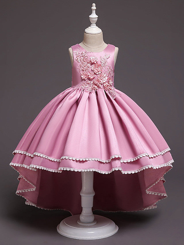 Oknass Sleeveless Jewel Neck Asymmetrical Flower Girl Dress Satin Tulle With Lace  Belt  Appliques