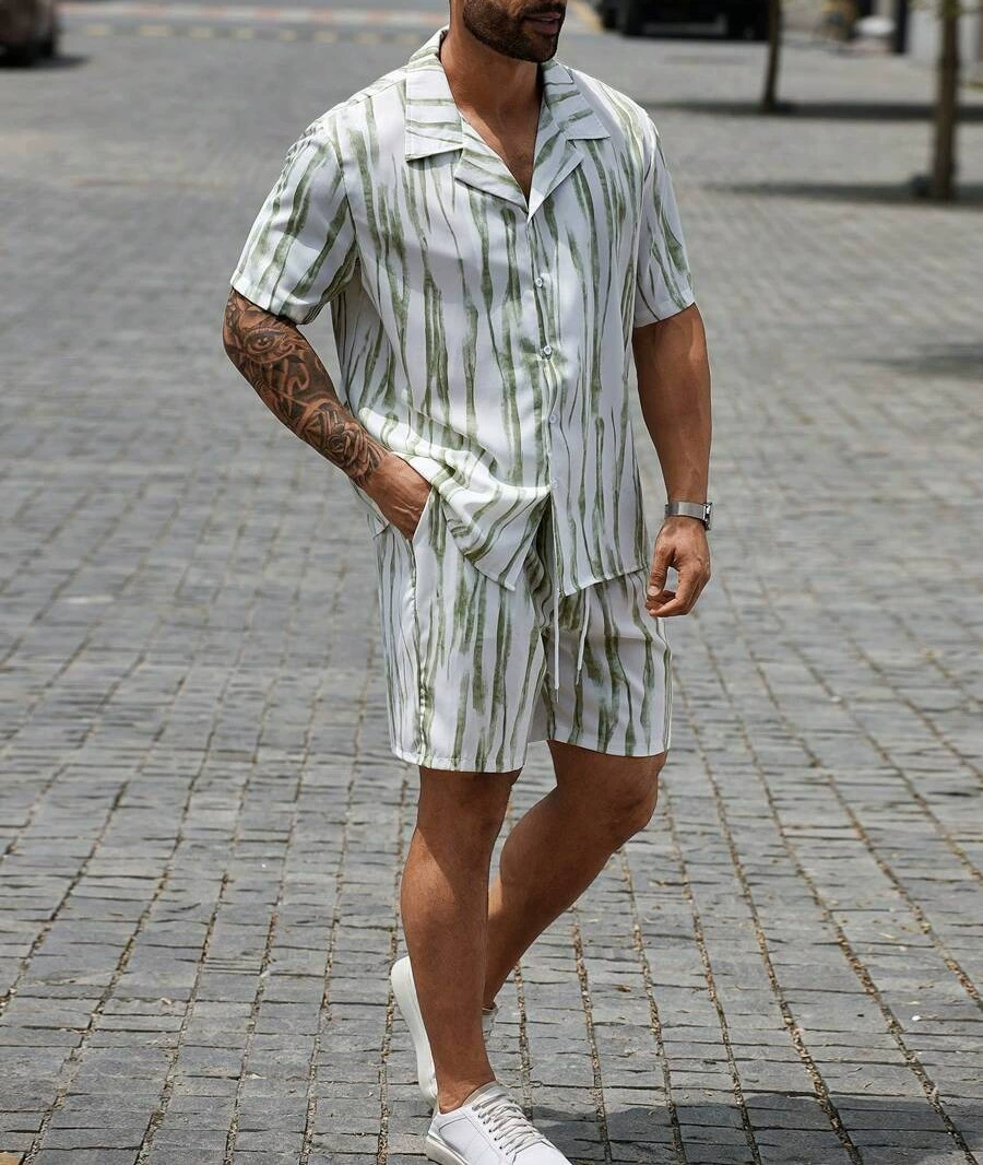 Men's Classic Casual Striped Digital Print Cuban Collar Shirt Shorts Two-Piece Set