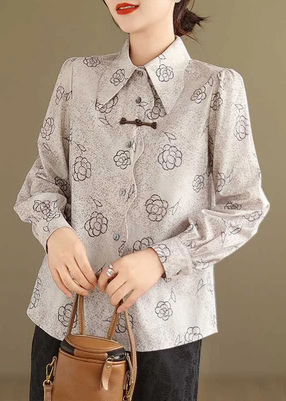 Vintage Apricot Peter Pan Collar Print Cotton Shirt Tops Spring