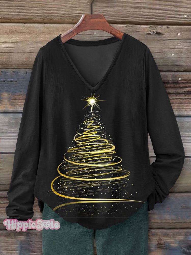 Christmas Light Art Print Cotton 100% Casual V-Neck Long Sleeve T-Shirt Multicolor / S