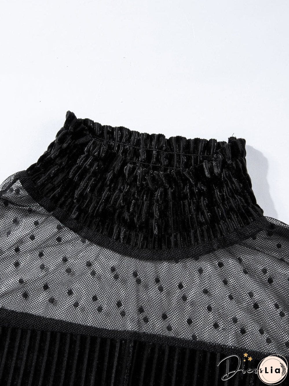 Polka Dot Striped Mesh Frilled Neck Bubble Sleeve Dress