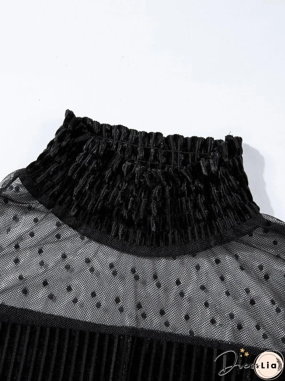 Polka Dot Striped Mesh Frilled Neck Bubble Sleeve Dress