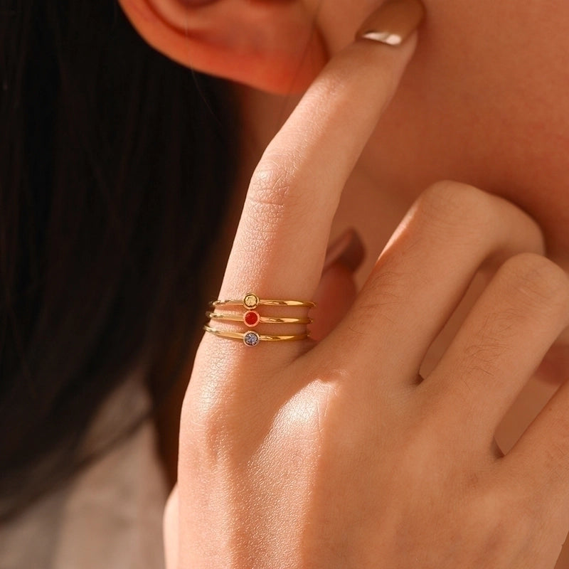 304 Stainless Steel 18K Gold Plated Minimalist Plating Inlay Round Rhinestones Birthstone Rings