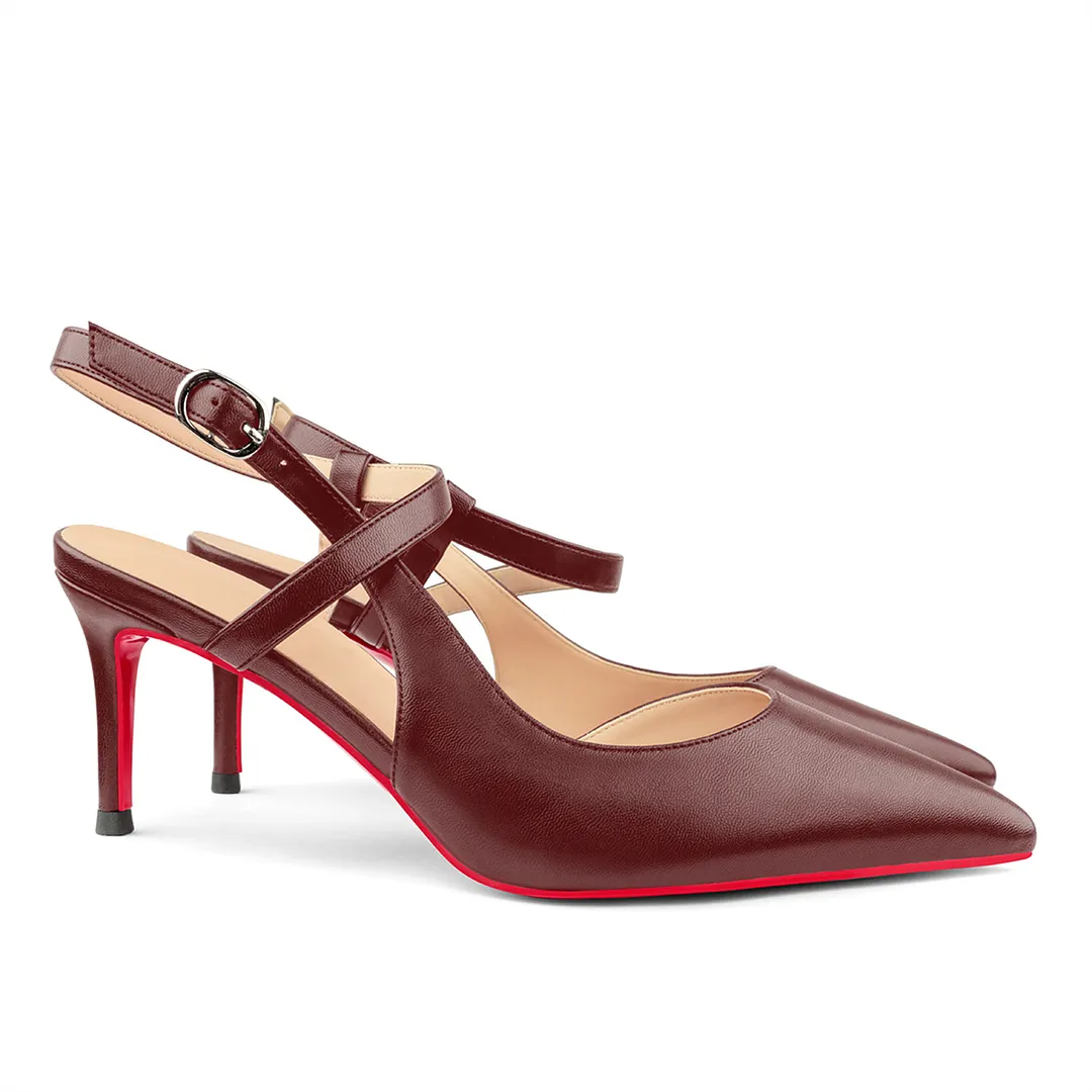 65mm Women Slingback Pumps Ankle Strap Jenlove Stiletto Pointed Toe Dress Red Bottoms Matte Heels Shoes-vocosishoes
